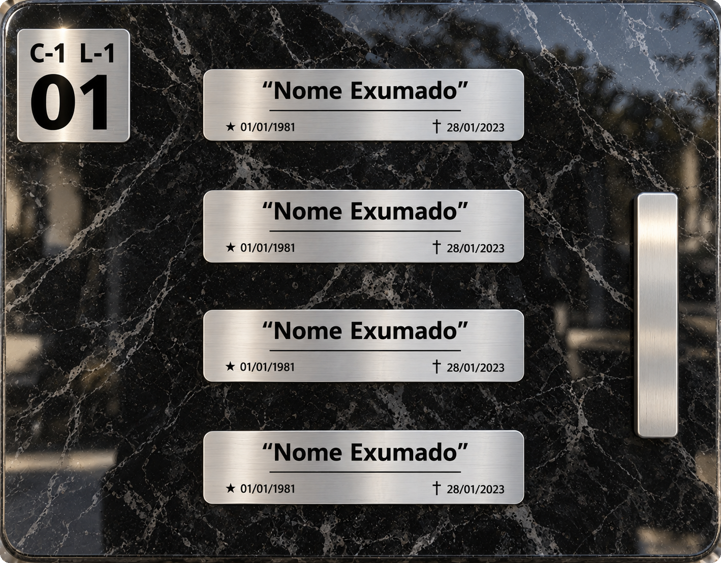 Porta do EternBOX em granito com placa numérica, placas de identificação dos exumados e suporte para flores em inox